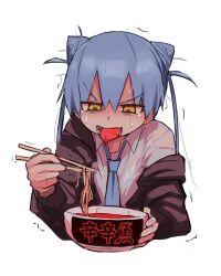 Rule 34 | 1girl, aqua necktie, black jacket, blue hair, chopsticks, collared shirt, cone hair bun, cropped torso, double bun, eating, food, hair between eyes, hair bun, highres, holding, holding chopsticks, jacket, long hair, long sleeves, necktie, noodles, off shoulder, open mouth, sharp teeth, shinigami dot com, shirt, simple background, solo, sweat, teeth, tongue, tongue out, trembling, twintails, upper body, white background, white shirt, yachima tana, yellow eyes