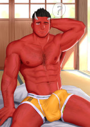 Rule 34 | 1boy, ?, abs, absurdres, arm hair, armpit hair, armpits, bara, black hair, boxer briefs, broken horn, bulge, chest hair, colored skin, demon boy, demon horns, erection, erection under clothes, facial hair, fangs, feet out of frame, green eyes, hairy, highres, hiroki bzdsk, horns, huge filesize, large pectorals, leg hair, looking at viewer, male focus, male underwear, mature male, monster boy, muscular, muscular male, navel, navel hair, nipples, one eye closed, orange male underwear, original, pectorals, red pupils, red skin, short hair, sideburns, sitting, solo, spiked hair, spoken question mark, stomach, stubble, thick thighs, thighs, underwear
