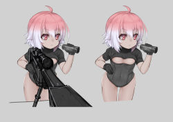 Rule 34 | 1girl, :&lt;, ahoge, black gloves, black leotard, breasts, cleavage cutout, clothing cutout, commentary request, covered navel, cropped legs, gloves, gradient hair, grey background, gun, hair between eyes, leotard, looking away, monocular, multicolored hair, multiple views, nyifu, original, pink eyes, pink hair, rifle, short hair, short sleeves, simple background, small breasts, sniper rifle, v-shaped eyebrows, weapon, white hair