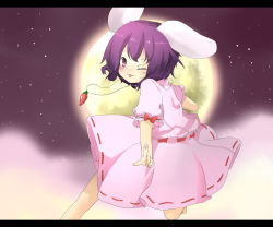 Rule 34 | 1girl, :p, animal ears, bad id, bad pixiv id, barefoot, blush, rabbit ears, carrot, carrot necklace, female focus, inaba tewi, jewelry, katanakko daisuki, katanako daisuki, letterboxed, moon, necklace, night, one eye closed, pendant, pointing, purple hair, red eyes, short hair, smile, solo, tongue, tongue out, touhou, wink