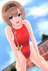 Rule 34 | absurdres, anchor symbol, blue eyes, braid, character name, competition swimsuit, hachimaki, hair ornament, headband, highres, kantai collection, light brown hair, looking at viewer, nokonoko, one-piece swimsuit, outdoors, propeller hair ornament, red one-piece swimsuit, smile, solo, swimsuit, teruzuki (kancolle), twin braids