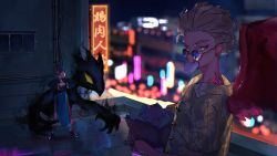 Rule 34 | 1other, 2boys, 3boys, animal head, baozi, bird, bird boy, blonde hair, blurry, blurry background, boku no hero academia, cable, cityscape, dark shadow, depth of field, ear piercing, earrings, facial hair, facial mark, feathered wings, feathers, flame print, food, food in mouth, goatee, hawaiian shirt, hawks (boku no hero academia), highres, holding, holding food, jewelry, looking at another, looking at viewer, male focus, mm39572, multiple boys, neon lights, piercing, red eyes, red feathers, red wings, rooftop, shirt, short hair, short sleeves, sign, stubble, stud earrings, tattoo, thumb ring, tokoyami fumikage, traditional clothes, window, wings, yellow eyes