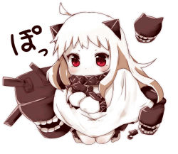 Rule 34 | 10s, 1girl, abyssal ship, ahoge, aircraft, airplane, bad id, bad pixiv id, blush, colored skin, dress, holding, horns, kantai collection, long hair, machinery, mittens, namekuji (namekuzu), northern ocean princess, open mouth, pale skin, red eyes, simple background, single horn, solo, white background, white dress, white hair, white skin
