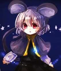 Rule 34 | 1girl, animal ears, blue background, capelet, grey hair, mayo (mayomr29), mouse ears, mouse tail, nazrin, red eyes, simple background, solo, star (symbol), tail, touhou