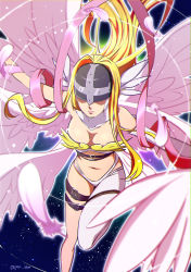 Rule 34 | 1girl, angel wings, angewomon, asymmetrical clothes, bare shoulders, belt, blonde hair, breasts, cleavage, closed mouth, commentary request, covered eyes, digimon, digimon (creature), elbow gloves, feathers, floating, gloves, head wings, helmet, highres, large breasts, lipstick, long hair, makeup, midriff, multiple wings, navel, pen lem, ribbon, shaded face, single elbow glove, sky, solo, star (sky), starry sky, thigh strap, twitter username, wings, zipper