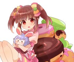 Rule 34 | 1girl, :d, animal ears, blush, bow, brown hair, character doll, clover hair ornament, doll, doughnut, food, hair bow, hair ornament, holding, holding doll, idolmaster, idolmaster cinderella girls, idolmaster cinderella girls starlight stage, knees up, koshimizu sachiko, looking at viewer, macaron, miyuara, multicolored bow, ogata chieri, open mouth, pink shirt, pink skirt, purple hair, rabbit ears, red eyes, shirt, short hair, sidelocks, sitting, skirt, smile, solo, twintails, white background