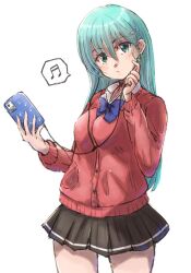 Rule 34 | 1girl, aqua hair, beamed sixteenth notes, blue bow, blue bowtie, bow, bowtie, brown skirt, cardigan, collared shirt, commentary, cowboy shot, dress shirt, eighth note, english commentary, green eyes, hair ornament, hairclip, highres, kantai collection, ld (luna dial398), long hair, looking at viewer, musical note, official alternate costume, pink cardigan, shirt, simple background, skirt, solo, spoken musical note, suzuya (kancolle), white background, white shirt