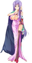 Rule 34 | 1girl, absurdres, black legwear, blue eyes, blush, breasts, cape, china dress, chinese clothes, cleavage, cleavage cutout, clothing cutout, dress, feathers, full body, hair ornament, high heels, highres, koihime musou, kouchuu, large breasts, long hair, mature female, no bra, purple hair, side slit, smile, solo, standing, transparent background, yatsuha kanan