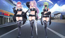 Rule 34 | 3girls, absurdres, antlers, artist name, black thighhighs, blue eyes, breasts, ceres fauna, cleavage, cloud, eyewear on head, gloves, grey hair, highres, hololive, hololive english, hololive indonesia, horns, jacket, jacket partially removed, landacdeus, large breasts, long hair, looking at viewer, mask, midriff, miniskirt, mole, mole under eye, mori calliope, mouth mask, multiple girls, navel, off shoulder, parasol, pavolia reine, pink hair, race queen, racetrack, red eyes, skirt, sky, smile, strapless, sunglasses, surgical mask, thighhighs, tube top, umbrella, very long hair, virtual youtuber, yellow eyes, zettai ryouiki
