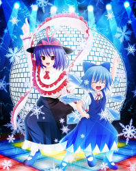 Rule 34 | 2girls, blue hair, bow, cirno, dance floor, dancing, disco, disco ball, dress, female focus, frills, hair bow, hand on own hip, hat, highres, mary janes, multiple girls, nagae iku, ribbon, saturday night fever, shoes, touhou
