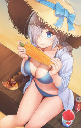 Rule 34 | 10s, 1girl, beach, bikini, bikini under clothes, blue bikini, blue eyes, breasts, can, cleavage, corn, day, eating, food, food on face, from above, hair ornament, hair over one eye, hamakaze (kancolle), hat, hat ribbon, highres, kantai collection, konnyaku (kk-monmon), large breasts, looking at viewer, outdoors, ribbon, shaved ice, silver hair, solo, straw hat, swimsuit, swimsuit under clothes, takoyaki