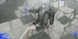 Rule 34 | 1girl, absurdres, black shorts, blue eyes, chair, chihuri, closed mouth, dagger, earrings, feet out of frame, folding chair, grey hair, grey jacket, hair between eyes, highres, holding, holding dagger, holding knife, holding weapon, jacket, jewelry, knife, long hair, long sleeves, looking away, on chair, open clothes, open jacket, original, puffy long sleeves, puffy sleeves, shirt, short shorts, shorts, sitting, solo, stud earrings, sweater vest, very long hair, weapon, white shirt