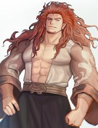 Rule 34 | 1boy, =short hair, abs, animal ears, bad id, bad twitter id, bara, character request, check copyright, copyright request, facial hair, feet out of frame, fire emblem, frown, goatee, highres, large pectorals, long hair, long sleeves, looking at viewer, male focus, mature male, messy hair, muscular, muscular male, nintendo, open clothes, open shirt, pectoral cleavage, pectorals, red hair, sdz (inazuma), sideburns, simple background, solo, stomach, white background