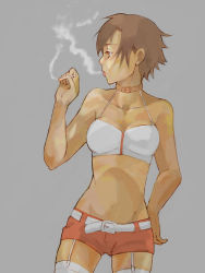 Rule 34 | 1girl, alternate hairstyle, belt, breasts, brown hair, cigarette, collar, large breasts, meiko (vocaloid), satou usuzuku, short hair, shorts, smoke, smoking, solo, thighhighs, vocaloid
