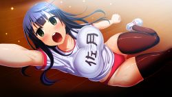 Rule 34 | 1girl, black hair, blush, bouncing breasts, breasts, buruma, clenched hands, game cg, green eyes, gym uniform, highres, jumping, kanzen jikan teishi, large breasts, legs, long hair, looking at viewer, open mouth, outstretched arm, raised eyebrows, satsuki shiho, shiny skin, shoes, short sleeves, sneakers, solo, sweat, thighhighs, thighs, uo denim
