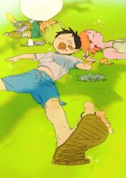 Rule 34 | 1girl, 2boys, aged down, bandaid, bandaid on cheek, bandaid on face, bandaid on forehead, bare shoulders, black hair, blue shorts, child, closed mouth, collarbone, dress, facial scar, flower, food, fruit, full body, grass, green dress, green hair, green shirt, hashtag-only commentary, highres, holding, katana, lixiangqian, lying, mandarin orange, monkey d. luffy, multiple boys, nami (one piece), on back, one piece, onigiri, open mouth, orange hair, outdoors, roronoa zoro, sandals, scar, scar on cheek, scar on face, shirt, short hair, short sleeves, shorts, sleeping, smile, spaghetti strap, straw hat pirates, sword, upper body, weapon, white shirt