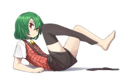 Rule 34 | 1boy, adapted costume, bad id, bad twitter id, barefoot, bow, bowtie, d@i, expressionless, feet, full body, genderswap, genderswap (ftm), green hair, kazami yuuka, legs, looking at viewer, male focus, md5 mismatch, plaid, plaid vest, red eyes, resized, short hair, short sleeves, shorts, simple background, single thighhigh, solo, thighhighs, touhou, vest, white background