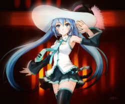 Rule 34 | 1girl, armpits, bare shoulders, belt, blue hair, dark background, detached sleeves, feathers, hat, hat feather, hat ribbon, hatsune miku, long hair, looking at viewer, miniskirt, multicolored eyes, necktie, ribbon, sameha ikuya, skirt, solo, striped ribbon, tda model (mikumikudance), thighhighs, twintails, vocaloid