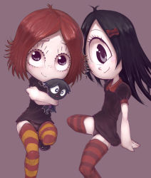 Rule 34 | 1boy, 2girls, animal, arm support, bat (animal), black dress, black eyes, black hair, black panties, bow, colored skin, conoghi, cyclops, dress, freckles, hair bow, holding, holding animal, iris (ruby gloom), long hair, looking at viewer, multiple girls, one-eyed, orange thighhighs, panties, puffy sleeves, red bow, red hair, red thighhighs, ruby gloom, ruby gloom (character), scaredy bat, short hair, short sleeves, sitting, smile, striped clothes, striped thighhighs, thighhighs, underwear, white skin