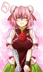Rule 34 | 1girl, :&lt;, bandages, blush, breasts, bun cover, chinese clothes, colorized, double bun, closed eyes, highres, ibaraki kasen, imminent kiss, incoming kiss, large breasts, pink hair, puffy sleeves, revision, samuimu, short hair, skirt, solo, touhou, v arms