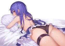 Rule 34 | 1girl, ass, bare arms, bed, bed sheet, black panties, blue hair, blue skirt, blush, breasts, censored, censored nipples, cowboy shot, cushion, frills, from behind, hair over shoulder, hinanawi tenshi, ibuki notsu, long hair, looking at viewer, lying, melusine (ibuki notsu), novelty censor, hugging object, on bed, on stomach, original, panties, red eyes, simple background, skirt, small breasts, solo, thigh strap, thighs, topless, touhou, underwear, upper body