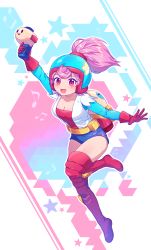 Rule 34 | 1girl, :d, absurdres, arm up, beamed eighth notes, blue headwear, blue shorts, blush, boots, brawl stars, breasts, character request, cleavage, eighth note, gloves, gun, helmet, highres, holding, holding gun, holding weapon, jacket, kaoling, layered sleeves, long sleeves, looking at viewer, medium breasts, musical note, open mouth, pink hair, ponytail, red eyes, red footwear, red gloves, red shirt, shirt, short over long sleeves, short shorts, short sleeves, shorts, smile, solo, star (symbol), thigh boots, weapon, white jacket