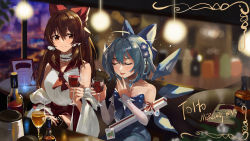 Rule 34 | 2girls, absurdres, adapted costume, alcohol, bag, bar (place), bare shoulders, blue bow, blue choker, blue dress, blue gemstone, blue hair, blurry, blurry background, blush, bottle, bow, box, brown eyes, brown hair, choker, cirno, closed mouth, collarbone, cup, daiyousei, depth of field, detached sleeves, detached wings, dress, drinking glass, feipin zhanshi, flying sweatdrops, gem, gift, gift box, hair between eyes, hair bow, hakurei reimu, handbag, highres, holding, holding bag, holding cup, ice, ice wings, indoors, long hair, long sleeves, looking at another, looking to the side, multiple girls, neck garter, ponytail, red bow, short hair, sidelocks, sitting, smile, sparkle, strapless, strapless dress, touhou, very long hair, wide sleeves, wine, wine bottle, wine glass, wings