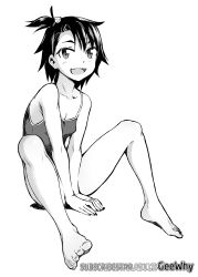 Rule 34 | 1girl, absurdres, barefoot, blush, breasts, fang, feet, fingernails, foreshortening, geewhy, greyscale, high contrast, highres, hodaka natsumi, houkago teibou nisshi, looking at viewer, monochrome, one-piece swimsuit, one side up, short hair, sitting, skin fang, small breasts, solo, spread legs, swimsuit, toes, watermark, web address