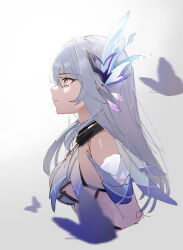 Rule 34 | 1girl, bare shoulders, breasts, bug, butterfly, butterfly hair ornament, closed mouth, cropped torso, detached sleeves, from side, genshin impact, grey hair, hair between eyes, hair ornament, highres, insect, long hair, looking to the side, medium breasts, nohohon neko, pink eyes, simple background, sketch, skirk (genshin impact), solo, upper body, white background, white hair