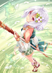 Rule 34 | 1girl, antenna hair, bare shoulders, blush, breasts, commentary request, detached sleeves, dress, flower, hair between eyes, hair flower, hair ornament, highres, holding, holding staff, kokkoro (princess connect!), long sleeves, looking at viewer, pink eyes, pointy ears, porikeracchou, princess connect!, short hair, silver hair, sleeveless, small breasts, smile, solo, split mouth, staff, white flower
