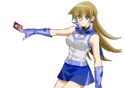 Rule 34 | 1girl, 203wolves, bare legs, blue gloves, blue skirt, brown eyes, brown hair, card, closed mouth, cowboy shot, duel academy uniform (yu-gi-oh! gx), fingerless gloves, gloves, hair between eyes, highres, holding, holding card, jacket, light smile, long hair, looking at viewer, miniskirt, simple background, skirt, sleeveless, sleeveless jacket, solo, standing, straight hair, tenjouin asuka, white background, white jacket, yu-gi-oh!, yu-gi-oh! gx
