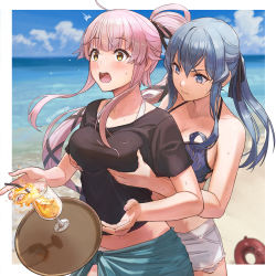 Rule 34 | 2girls, beach, bikini, black shirt, blue bikini, blue eyes, blue hair, blunt bangs, blush, border, grabbing another&#039;s breast, breasts, cleavage, closed mouth, cloud, commentary request, cup, day, drinking straw, dropping, enemy lifebuoy (kancolle), gotland (kancolle), grabbing, grabbing from behind, hair between eyes, hair ribbon, kantai collection, large breasts, long hair, mole, mole under eye, multiple girls, open mouth, outdoors, outside border, pink hair, ponytail, ribbon, sarong, shirt, short sleeves, shorts, sidelocks, sky, surprised, sweat, swimsuit, tantaka, tray, twitter username, white border, white shorts, yellow eyes, yura (kancolle)