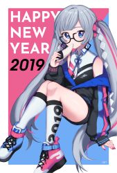 Rule 34 | 1girl, 2019, arm support, asymmetrical footwear, bad id, bad pixiv id, bare shoulders, black-framed eyewear, black jacket, black skirt, blue eyes, blue footwear, blue nails, blue ribbon, collared shirt, commentary request, cross-laced footwear, earrings, eating, food, food request, glasses, grey hair, hair ornament, hair ribbon, hand up, happy new year, highres, holding, holding food, jacket, jewelry, kneehighs, knees together feet apart, knees up, long hair, long sleeves, looking at viewer, miniskirt, mismatched footwear, mochi, multicolored hair, multicolored nails, nail polish, neck ribbon, new year, off shoulder, original, pencil skirt, pink footwear, pink hair, pink nails, pink ribbon, ribbon, shide, shirotsuna, shirt, shoes, sidelocks, sitting, skirt, sleeveless, sleeveless shirt, sleeves past wrists, sneakers, socks, solo, streaked hair, thighs, twintails, very long hair, white ribbon, white shirt, white socks