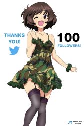 Rule 34 | 1girl, absurdres, acrux, akiyama yukari, artist name, bare shoulders, black thighhighs, blush, breasts, brown eyes, brown hair, camouflage, camouflage dress, cleavage, collarbone, dress, english text, frilled dress, frills, garter straps, girls und panzer, highres, looking at viewer, medium breasts, one eye closed, open mouth, scrunchie, shiny skin, short hair, simple background, smile, solo, thank you, thighhighs, white background, wrist scrunchie
