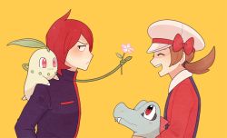 Rule 34 | 1boy, 1girl, :d, blouse, bow, brown hair, cabbie hat, chikorita, closed eyes, cowlick, creatures (company), flower, from side, game freak, gen 2 pokemon, hat, hat bow, jacket, jaho, long hair, lyra (pokemon), nintendo, open mouth, pink flower, pokemon, pokemon hgss, purple jacket, red bow, red hair, red shirt, shirt, silver (pokemon), simple background, smile, teeth, totodile, upper teeth only, white headwear, yellow background