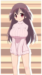 Rule 34 | 1girl, bad id, bad pixiv id, bare legs, blush, breasts, brown hair, hair ornament, large breasts, long hair, looking at viewer, maya yukiko, open mouth, red eyes, ribbed sweater, saki (manga), solo, standing, sweater, turtleneck, ubox