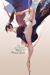Rule 34 | 1girl, alternate costume, ass, bare shoulders, barefoot, black panties, blue kimono, breasts, brown hair, fatal fury, flexible, full body, hair ribbon, highres, hu dako, japanese clothes, kimono, large breasts, long hair, off shoulder, panties, pantyshot, pole, pole dancing, ponytail, ribbon, shiranui mai, snk, soles, solo, split, stripper pole, the king of fighters, toes, underwear, upside-down, white ribbon
