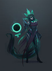 Rule 34 | 1girl, absurdres, ahri (league of legends), alternate costume, alternate eye color, alternate hair color, angry, aura, black hair, boots, breasts, cleavage, corruption, crown, dark persona, evil, facial mark, floating, floating object, frown, glowing, glowing eyes, glowing hand, green eyes, green hair, green theme, grey background, high heels, highres, laethain, league of legends, long hair, looking at viewer, magic, md5 mismatch, multicolored hair, orb, possessed, possession, resolution mismatch, ruination, ruined king: a league of legends story, slit pupils, source smaller, standing, tail, teardrop, tears, thigh boots, thighhighs