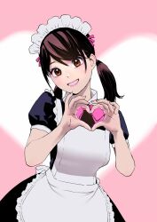 Rule 34 | :d, apron, brown eyes, brown hair, frilled apron, frills, hands up, heart, heart hands, low twintails, maid, maid apron, maid headdress, open mouth, original, peco (pockleberry), pink background, puffy short sleeves, puffy sleeves, ribbon, short sleeves, smile, solo, twintails