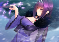 Rule 34 | 1girl, blush, breasts, cleavage, closed mouth, dress, fate/grand order, fate (series), feather trim, hair between eyes, highres, holding, holding wand, large breasts, long hair, long sleeves, nigo (aozoragarou), purple dress, purple hair, red eyes, runes, scathach (fate), scathach skadi (fate), smile, snowing, solo, tiara, wand, wide sleeves