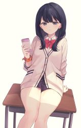 Rule 34 | 10s, 1girl, arm support, black hair, black skirt, bow, cellphone, closed mouth, collared shirt, commentary request, desk, dutch angle, gridman universe, hand up, heart, holding, holding phone, long hair, on desk, phone, pleated skirt, purple eyes, red bow, school desk, scrunchie, shirt, silltare, simple background, sitting, skirt, solo, ssss.gridman, takarada rikka, white background, white shirt, wrist scrunchie