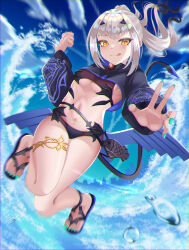 Rule 34 | 1girl, absurdres, bikini, black bikini, black jacket, blue sky, breasts, commentary request, cropped jacket, dragon wings, fate/grand order, fate (series), fish bottle, forked eyebrows, high ponytail, highres, jacket, jewelry, licking lips, long hair, long sleeves, looking at viewer, melusine (fate), melusine (swimsuit ruler) (fate), melusine (swimsuit ruler) (first ascension) (fate), navel, pubic tattoo, raji (largesaint2210), sandals, shrug (clothing), sidelocks, sky, small breasts, smile, solo, swimsuit, tail, tattoo, thighlet, tongue, tongue out, white hair, wings, yellow eyes