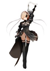 Rule 34 | 1girl, absurdres, arm up, azur lane, black blindfold, black dress, black thighhighs, blindfold, blonde hair, boots, braid, breasts, center opening, cleavage, cleavage cutout, clothing cutout, commentary request, cosplay, crossover, dress, expressionless, feather-trimmed sleeves, frown, full body, gloves, groin, high heel boots, high heels, highres, holding, holding sword, holding weapon, leotard, leotard peek, looking at viewer, maid headdress, medium breasts, nier (series), nier:automata, raru (nanaharararu), sheffield (azur lane), short hair, skindentation, solo, sword, sword behind back, thigh boots, thighhighs, upskirt, virtuous contract, virtuous treaty, weapon, white leotard, 2b (nier:automata), 2b (nier:automata) (cosplay)