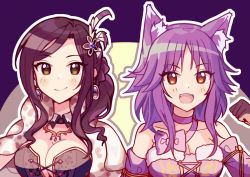 Rule 34 | 2girls, bare shoulders, black hair, blush, breasts, center opening, choker, cleavage, collarbone, cross-laced clothes, detached sleeves, earrings, fur trim, green eyes, hair ornament, idolmaster, idolmaster cinderella girls, jewelry, large breasts, long hair, looking at viewer, makoto (princess connect!), medium breasts, medium hair, mukai takumi, multiple girls, necklace, open mouth, parted bangs, princess connect!, purple hair, shangzi, sidelocks, smile, yellow eyes