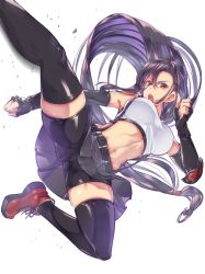 Rule 34 | 1girl, belt, bike shorts, black hair, black shorts, black skirt, black thighhighs, breasts, brown eyes, earrings, elbow gloves, final fantasy, final fantasy vii, final fantasy vii remake, flying kick, gloves, gluteal fold, irontower, jewelry, kicking, long hair, looking at viewer, low-tied long hair, midriff, navel, open mouth, red footwear, shorts, shorts under skirt, simple background, skirt, solo, stomach, suspenders, tank top, thighhighs, tifa lockhart, toned, undershirt, white background