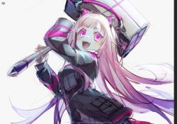 Rule 34 | 1girl, :d, arms up, attack, black jacket, commentary request, crazy smile, empty eyes, halo, hammer, highres, holding, holding hammer, jacket, long hair, long sleeves, mechanical halo, nuko 0108, official alternate hair length, official alternate hairstyle, ootori emu, open mouth, pink eyes, pink hair, project sekai, robot ears, sidelocks, simple background, smile, solo, tactical clothes, white background