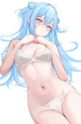 1girl absurdres bare_arms bare_legs bare_shoulders belly blue_eyes blue_hair blush bra breasts cleavage closed_mouth double_bun hair_between_eyes hair_bun hands_on_own_chest highres indie_virtual_youtuber long_hair looking_at_viewer mihanada_somaru navel panties shawn358 sidelocks underwear underwear_only virtual_youtuber white_bra white_panties