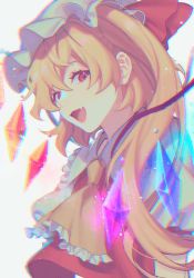 Rule 34 | 1girl, ascot, blonde hair, chromatic aberration, collared shirt, commentary, crystal, fang, flandre scarlet, frilled ascot, frills, hat, hat ribbon, head tilt, long hair, looking at viewer, mob cap, noriuma, red eyes, red ribbon, red vest, ribbon, shirt, short sleeves, solo, touhou, vest, white hat, white shirt, wings, yellow ascot