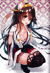 Rule 34 | 1girl, animal ears, animal hands, artist request, bare shoulders, black hair, blush, boots, breasts, brown eyes, cat ears, cat tail, detached sleeves, gloves, gradient background, hair ornament, hairband, hairclip, haruna (kancolle), headgear, high heels, highres, japanese clothes, kantai collection, kemonomimi mode, large breasts, long hair, nontraditional miko, open mouth, patterned background, paw gloves, ribbon-trimmed sleeves, ribbon trim, shadow, skirt, smile, squatting, suzuho hotaru, tail, thigh boots, thighhighs, wide sleeves