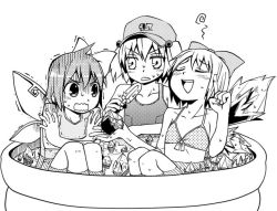 Rule 34 | 3girls, bikini, cirno, closed eyes, cold, crossed arms, daiyousei, food, greyscale, hair bobbles, hair ornament, ice, ice cream, kannazuki hato, kawashiro nitori, monochrome, multiple girls, one-piece swimsuit, pool, popsicle, school swimsuit, simple background, swimsuit, touhou, trembling, water, wings